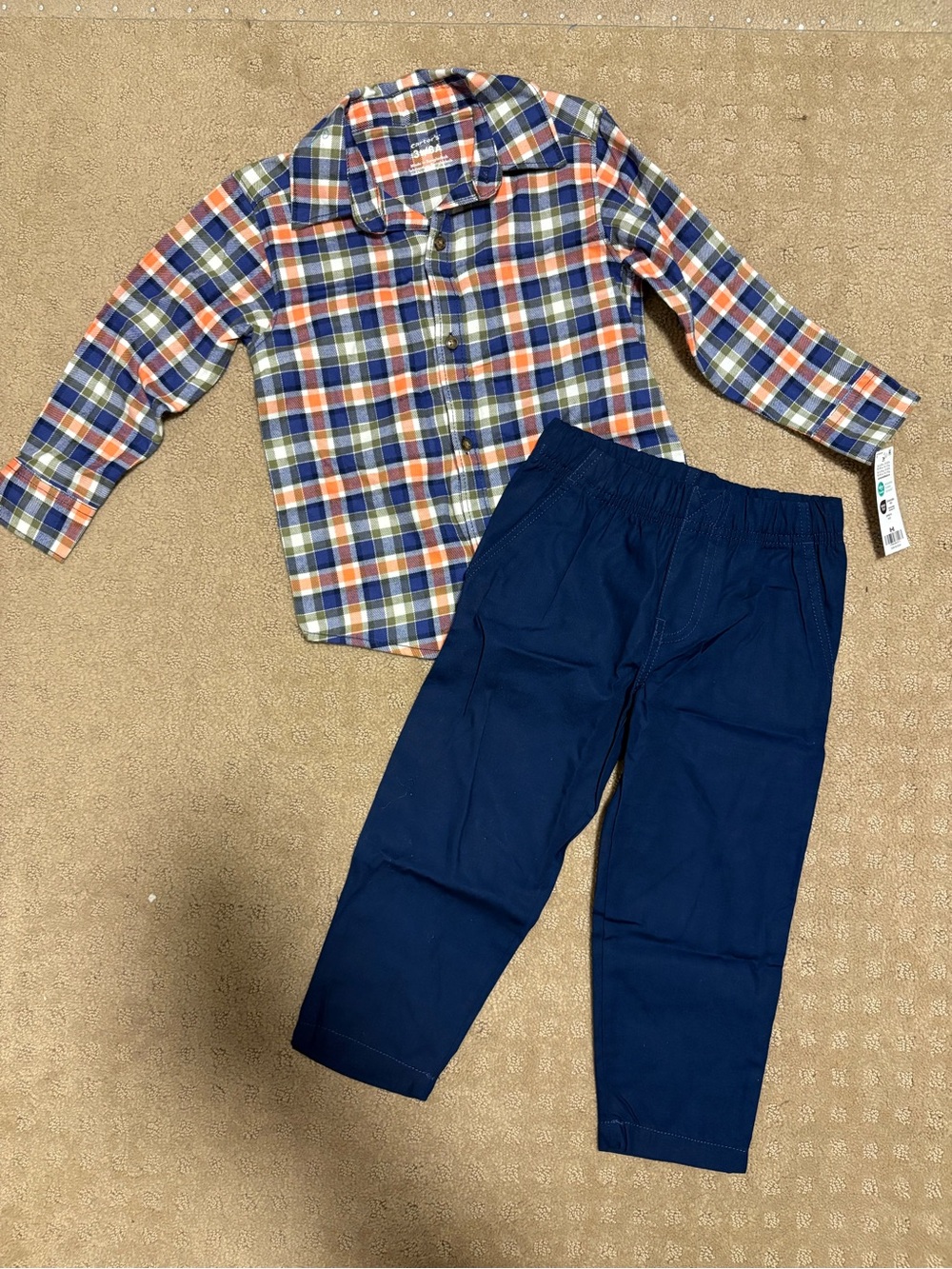 Kids Navy Pants and Orange Blue Plaid Shirt Set